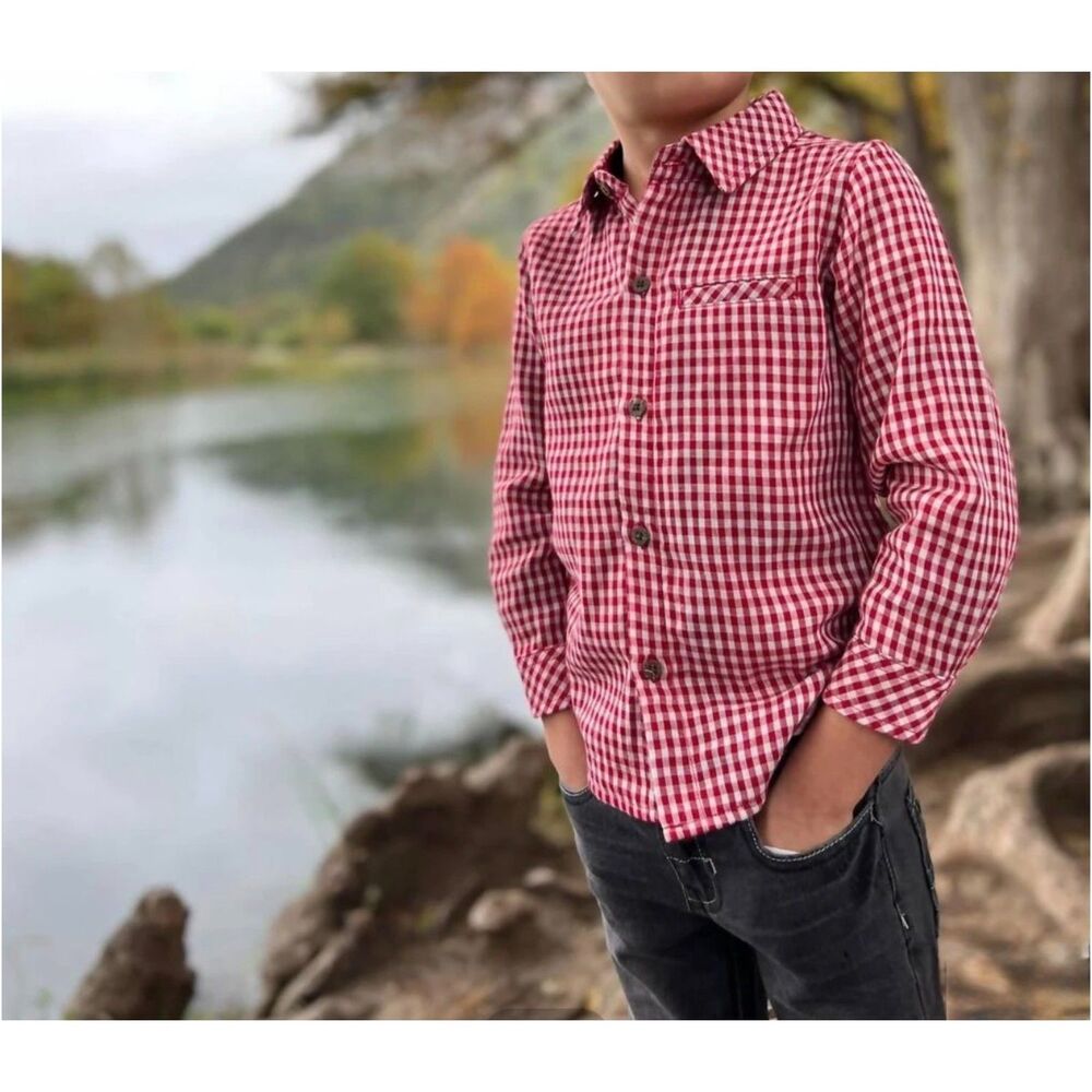 ME & HENRY LONDON Atwood Woven Shirt Red Micro Plaid/Gingham, Sz 9/10